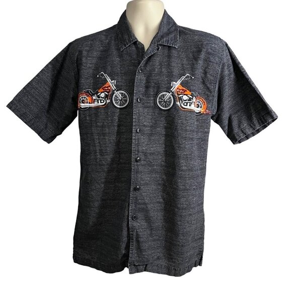 No Boundaries Mens Vintage Gray Graphic Button Up Motorcycle Camp Shirt Small - Picture 3 of 8